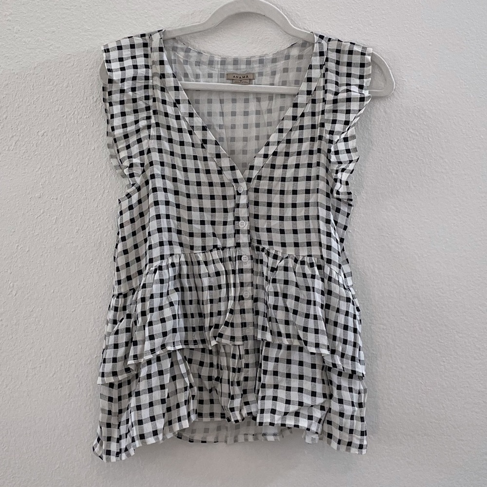 Vici plaid checkered v neck ruffled sleeveless button down top